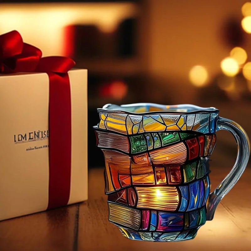 OTTNSA 3D Painted Glass Mug Colorful Ceramic Coffee Cup 12oz, Hand-Painted Vintage Style Mug for Readers, Book Lovers, Women, Gift for Birthday or Office Use - Image 3